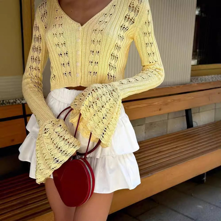 Kvinne luftig strikket genser i Boho stil med voluminøse ermer Skjora