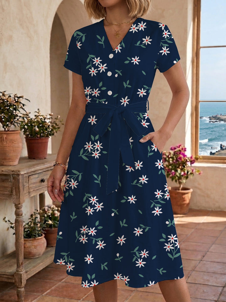 Damen Midikleid mit floralem Muster und Taillengürtel Skjora