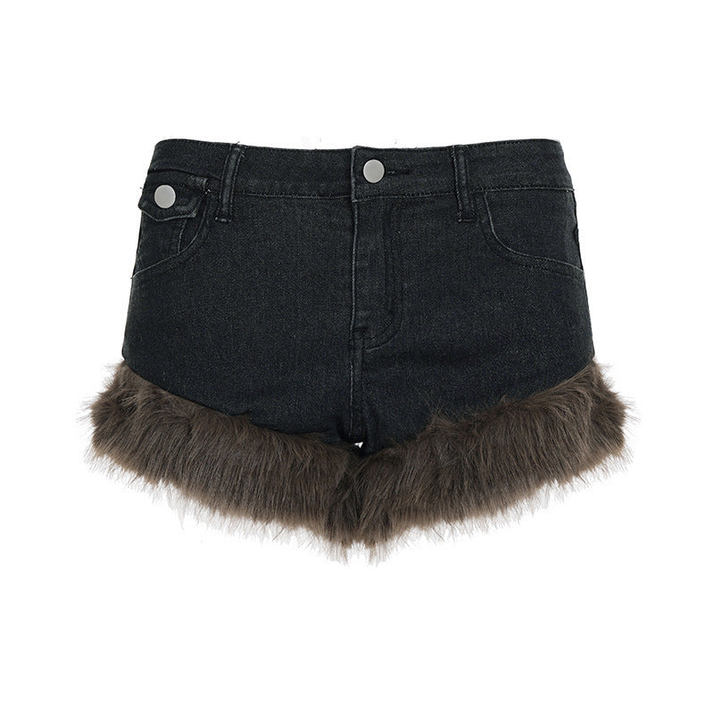 Dame Jeansshorts med luksuriøs kunstpelskant Skjora