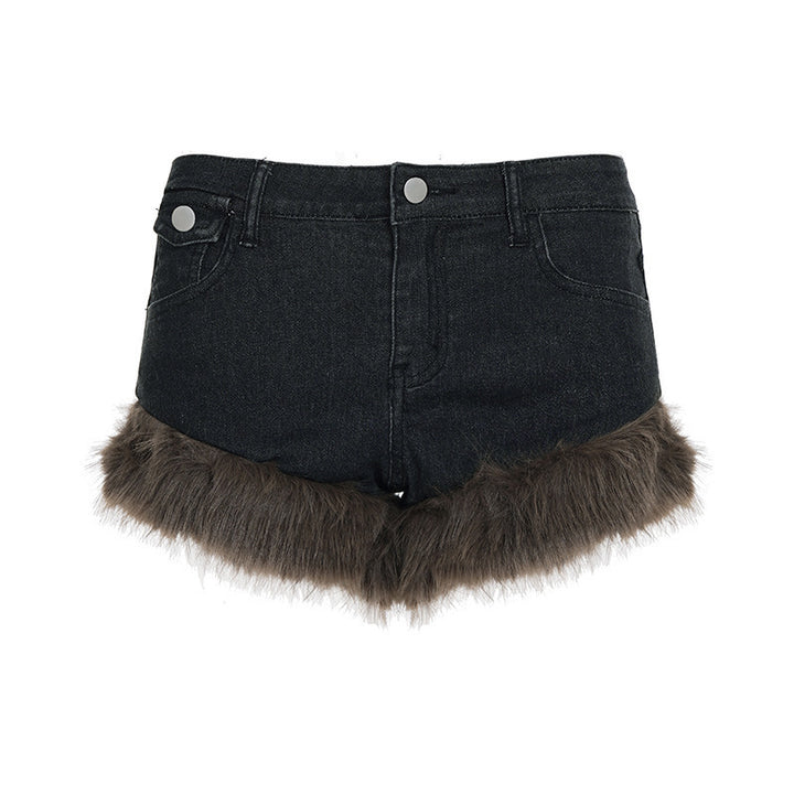 Dame Jeansshorts med luksuriøs kunstpelskant Skjora