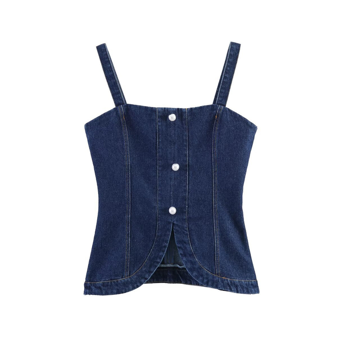 Dame Denim-Cami med innsnekret snitt og dekorative knapper Skjora