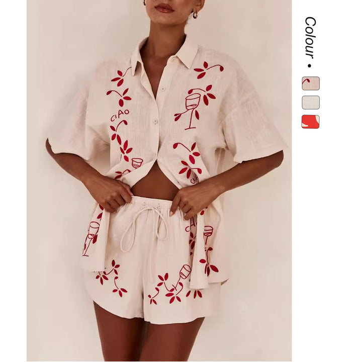 Dame Lett Kortermet Skjorte og Shorts Sett med Blomsterbroderi Design Skjora