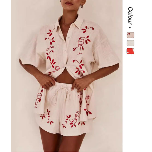 Dame Lett Kortermet Skjorte og Shorts Sett med Blomsterbroderi Design Skjora