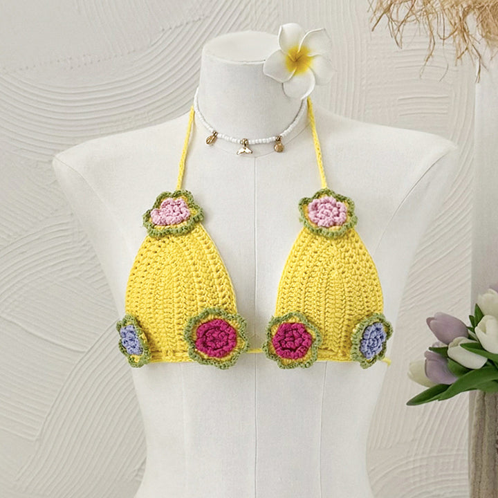 Damen Häkel-Bikini-Oberteil mit floralen Akzenten und verstellbaren Trägern Skjora