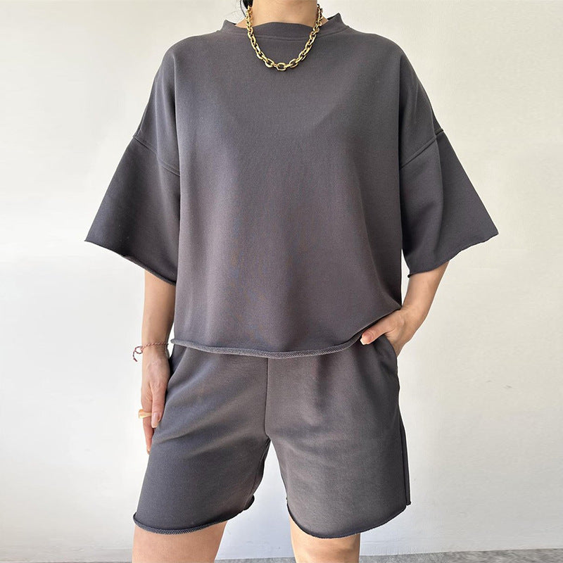 Kvinne Casual Oversized Fritidssett med Kortermet Topp og Løse Shorts Skjora