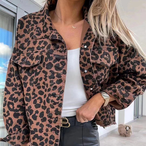 Dame denimjakke i leoparddesign med avslappet snitt og frynsefinish