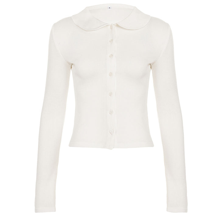 Dame Langermet Crop-Top med stilfull krage og knappestolpe Skjora