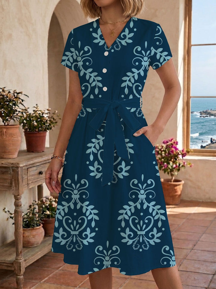 Damen Sommerliches Kleid mit taillierbarem Bindegürtel und floralem Muster Skjora