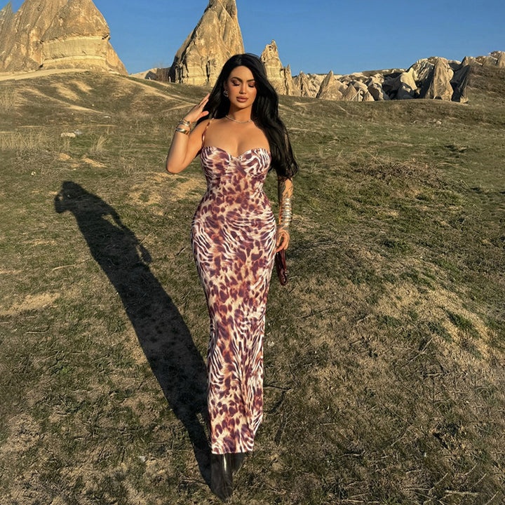 Dame Lang Leopardprint-Maxi-Kjole med stroppeløst design og tettsittende snitt Skjora