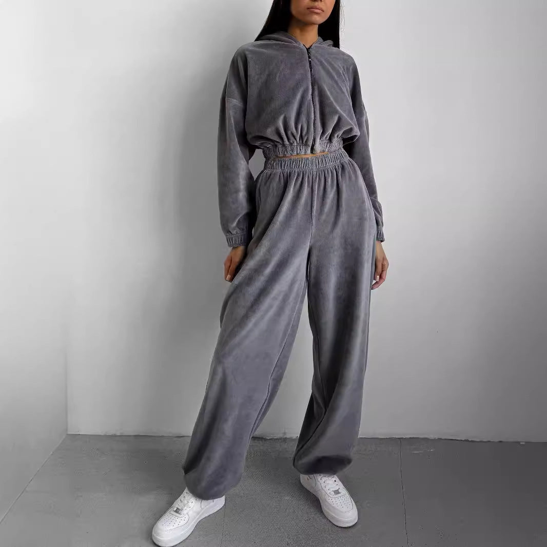Kvinneløs behagelig fleece treningsdress med høyhals topp og elastisk midjebånd Skjora