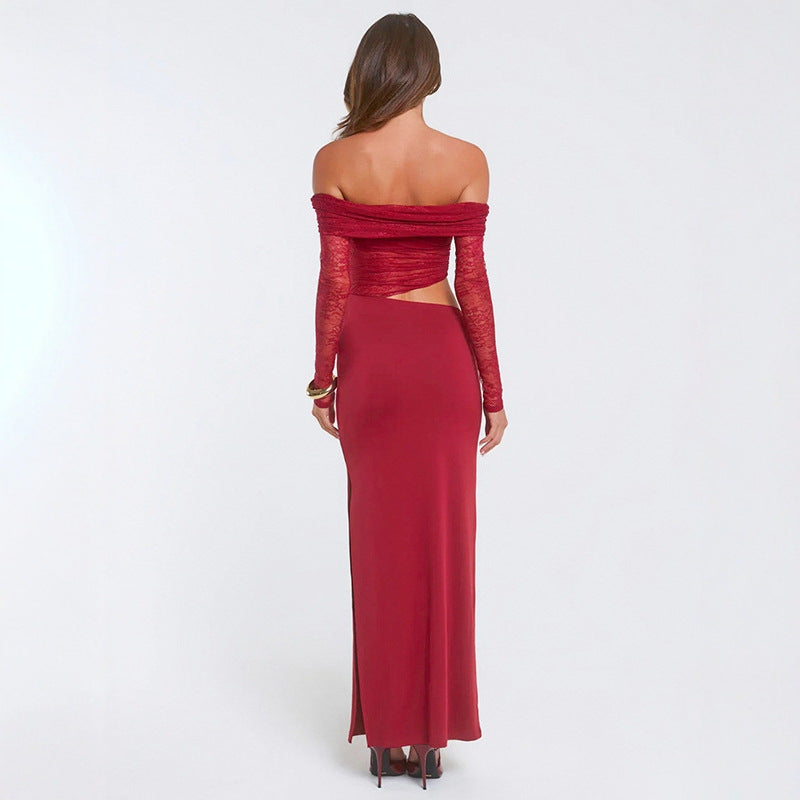Dame elegant Off-Shoulder maxikjole med asymmetrisk snitt og gjennomsiktig spiss Skjora