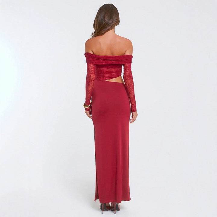 Dame elegant Off-Shoulder maxikjole med asymmetrisk snitt og gjennomsiktig spiss Skjora