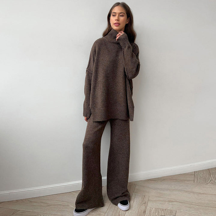 Dame Elegant Strikk Ensemble med Høy Krage og Løs Passform Skjora