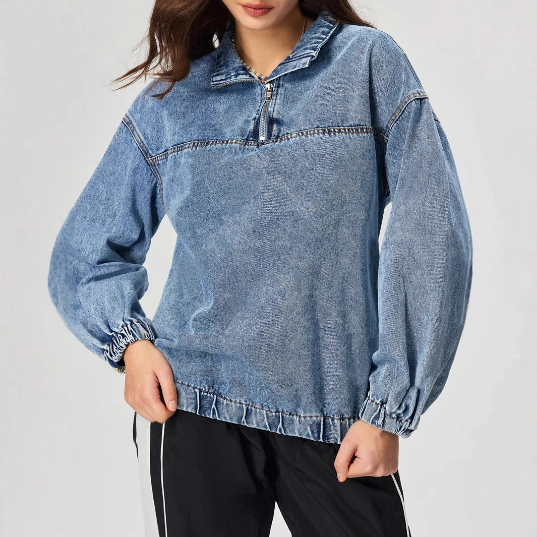 Kvinne løs denim genser med ståkrage og glidelås Skjora