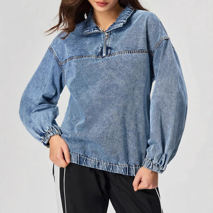 Kvinne løs denim genser med ståkrage og glidelås Skjora