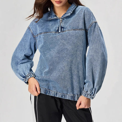 Kvinne løs denim genser med ståkrage og glidelås Skjora