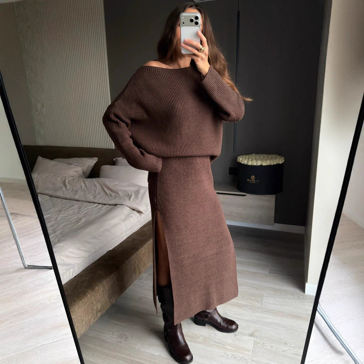 Kvinne Strikkekjole og Oversized Genser Sett Skjora