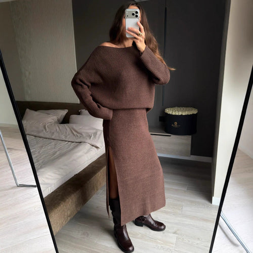 Kvinne Strikkekjole og Oversized Genser Sett Skjora