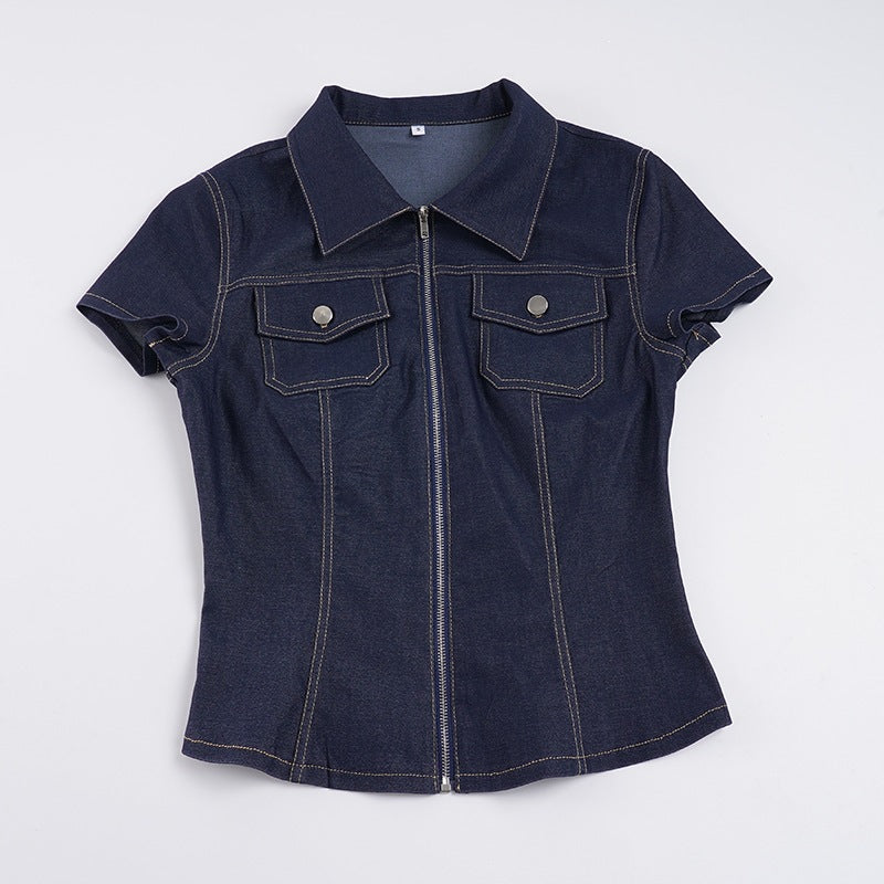 Dame Kortermet Denim-skjorte med moderne glidelåsdetaljer og brystlommer Skjora
