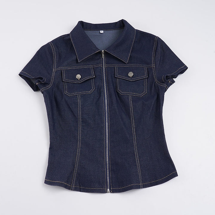 Dame Kortermet Denim-skjorte med moderne glidelåsdetaljer og brystlommer Skjora