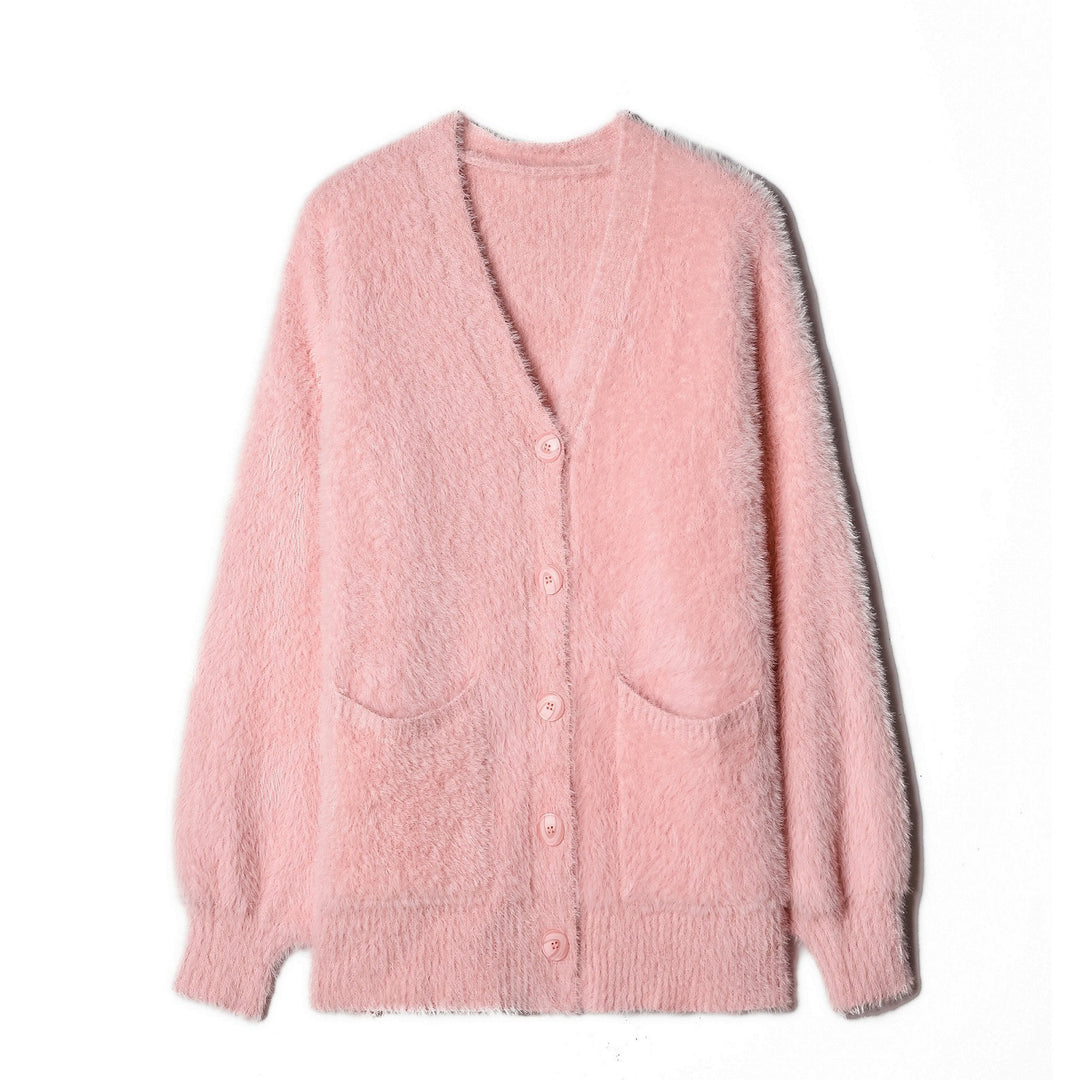 Dames fluffy cardigan med lommer og brede klaffer Skjora