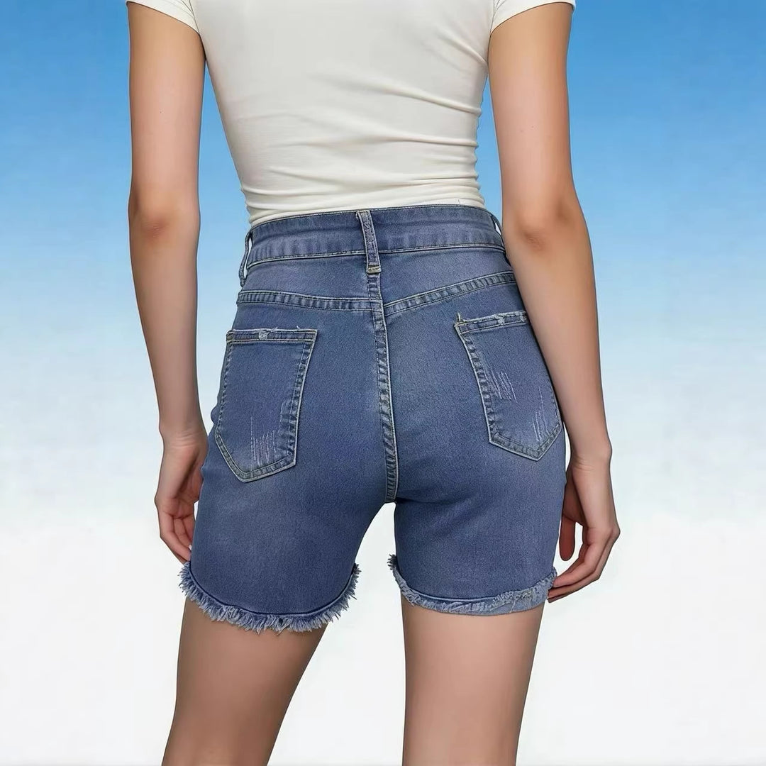 Damer casual High-Waist denimshorts med frynser og stilige ødelagte detaljer Skjora