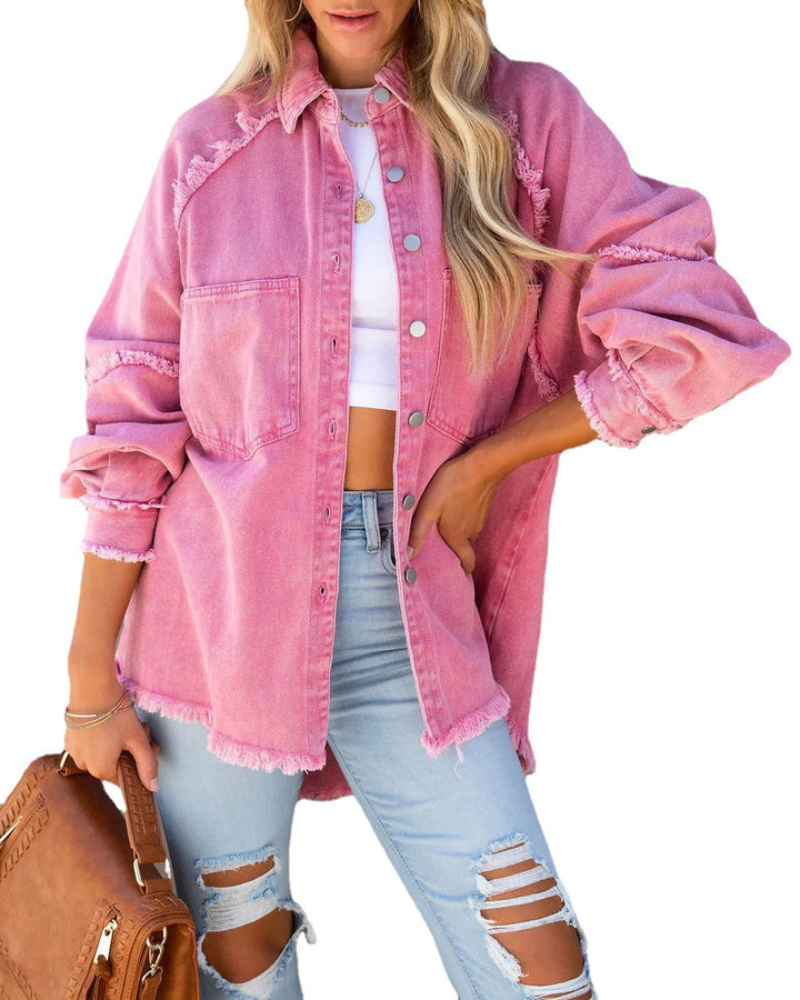 Damer Oversized Denim Skjortejakke med Råkant Detalj Skjora