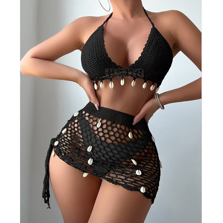 Damen Häkel-Bikini-Set mit Muschelverzierung und transparentem Rock Skjora