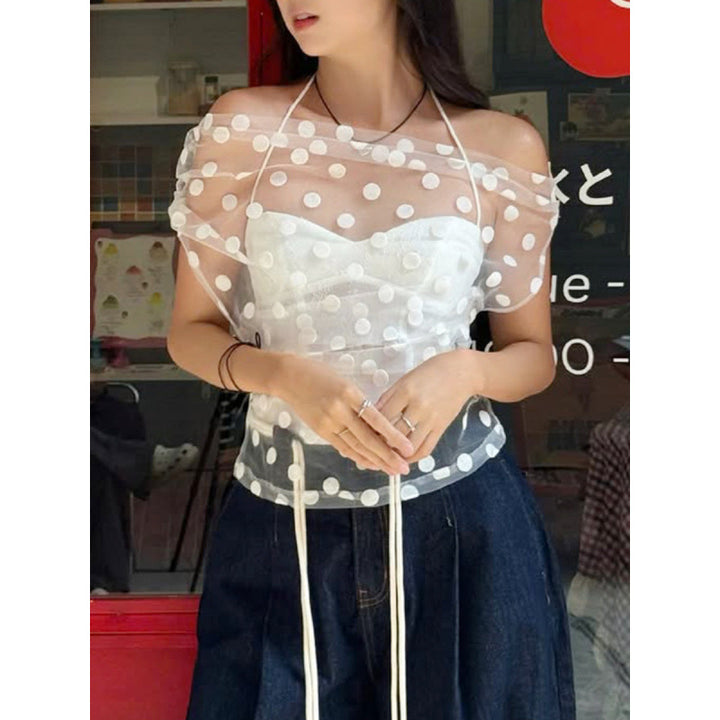 Dame Elegant off-shoulder topp med polka dots og rynking Skjora