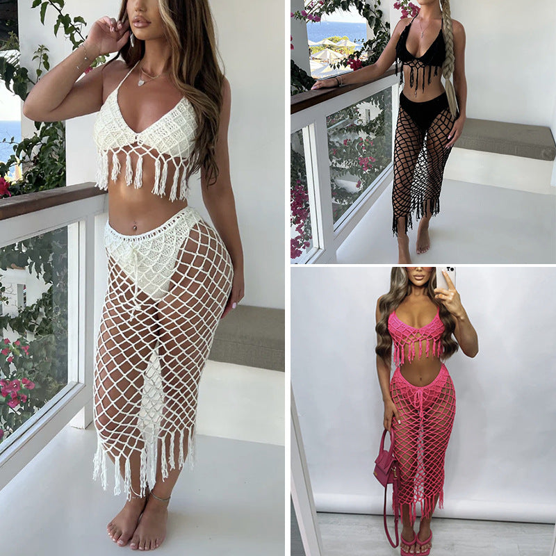 Damen Häkel-Bikini-Set mit raffinierter Netzstruktur und verführerischen Fransen Skjora