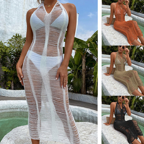 Damen Häkel-Strandkleid mit fransigen Elementen und hoher Taille Skjora