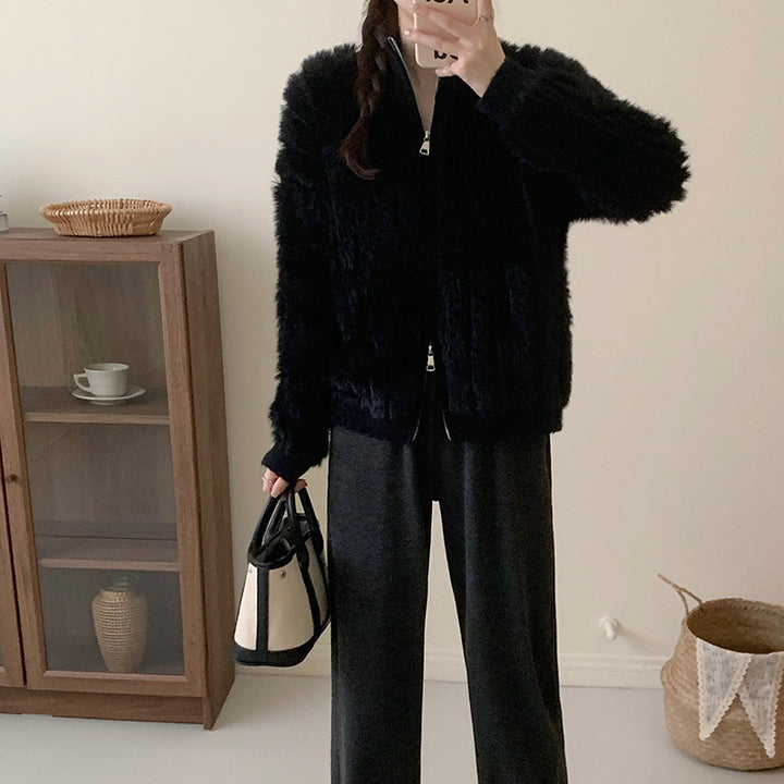 Dame fluffy bomberjakke med glidelås og dropped sleeves Skjora