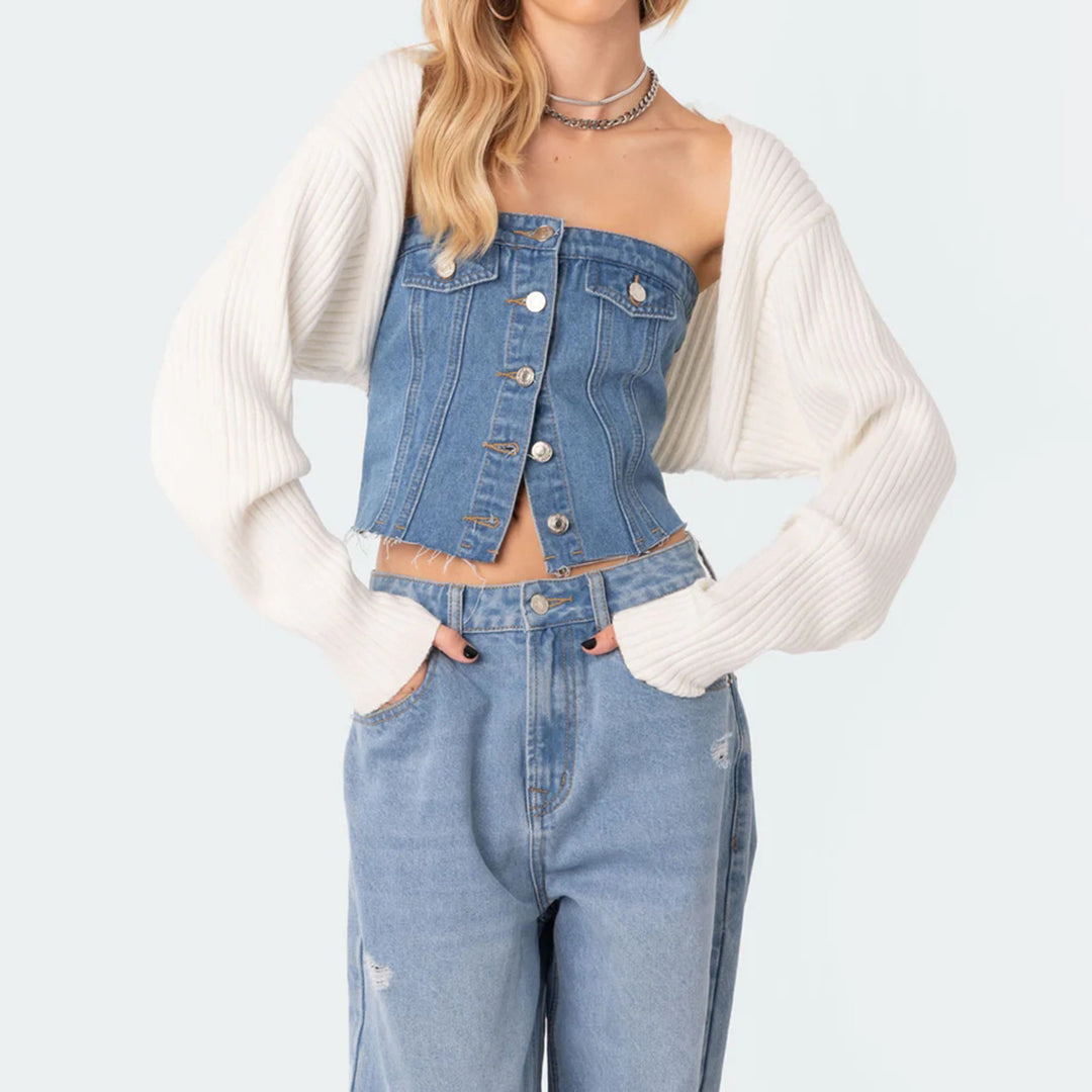 Dame Denim Crop Top med strikket overtrukket Skjora