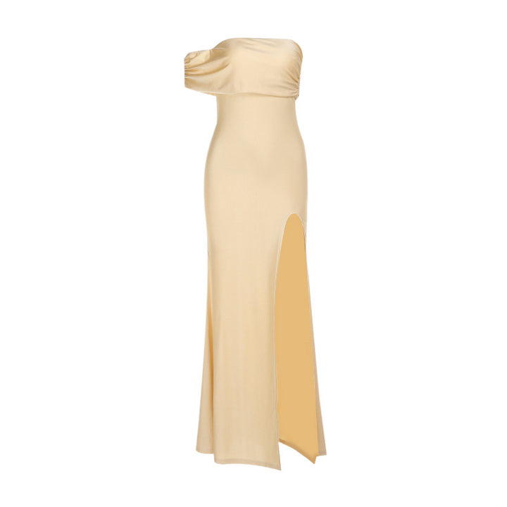 Women's off-shoulder maxi dress with elegant draping and high slit Skjora