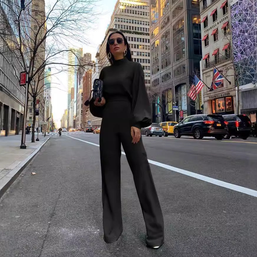 Dame Elegant Jumpsuit med vide ermer og høy krage Skjora