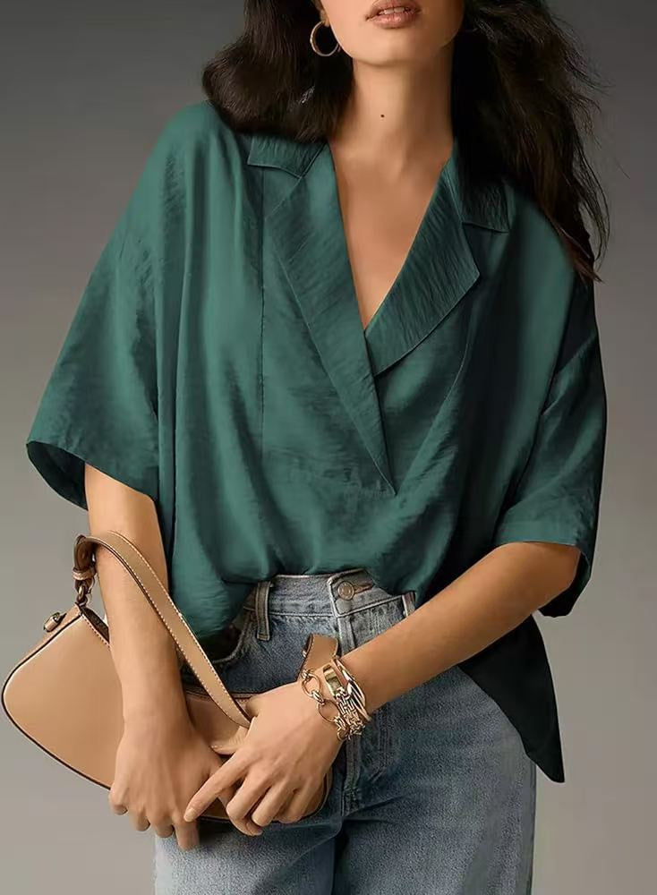 Damer løse oversized bluse med elegant krage og V-hals Skjora