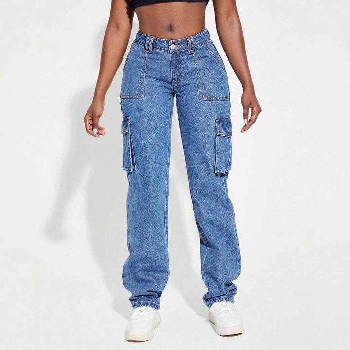 Dame cargo jeans med elastisk midjebånd og innovativt design
