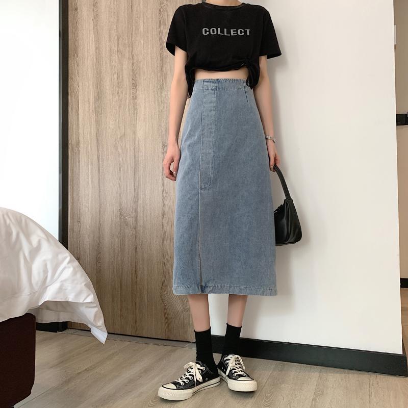 Kvinne jeans midi skjørt med sidesplit Skjora
