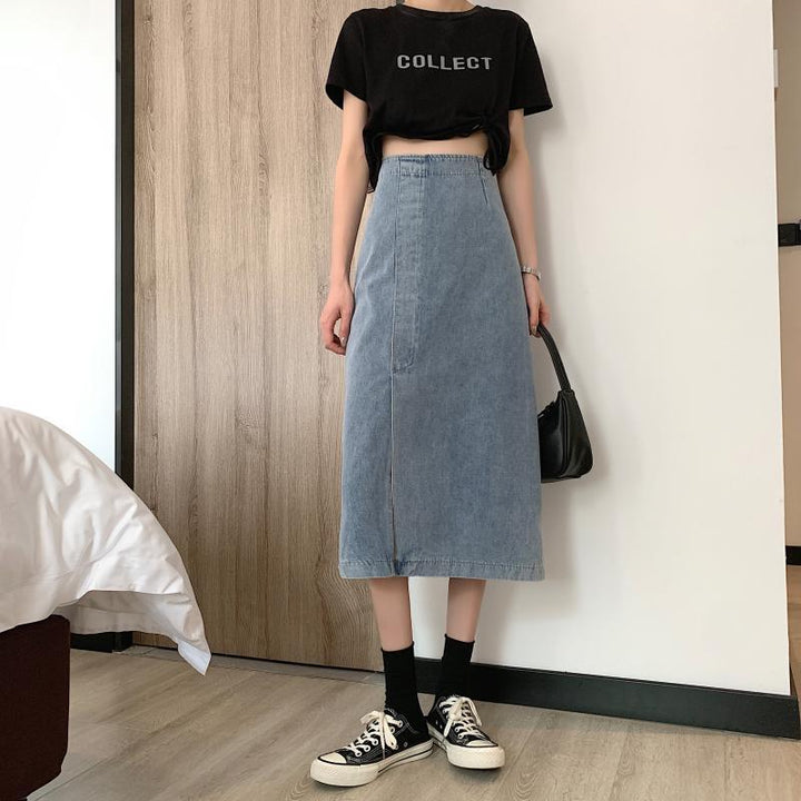 Kvinne jeans midi skjørt med sidesplit Skjora