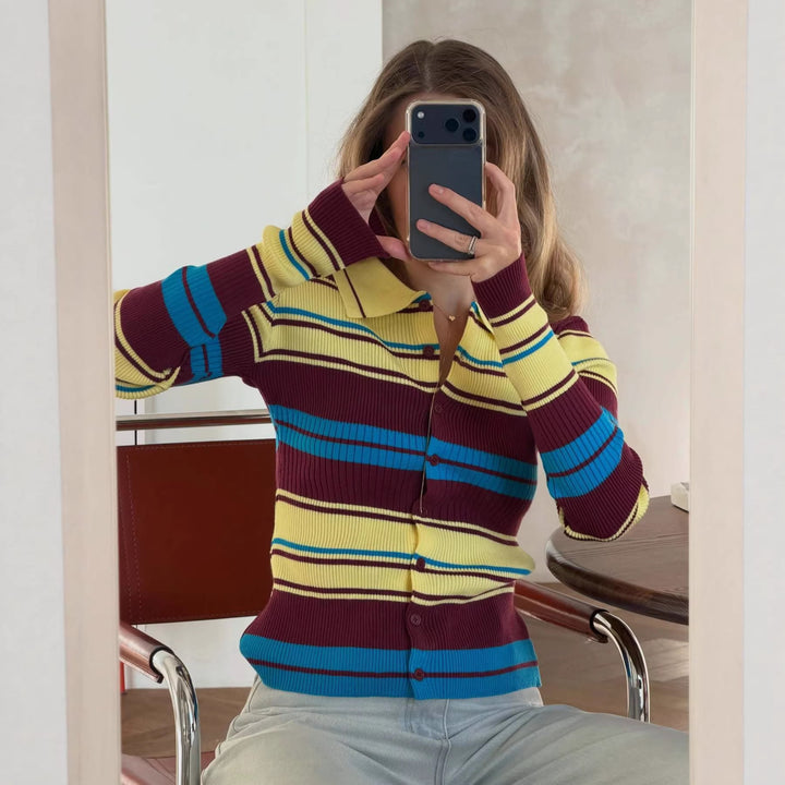 Dame ribbestrikket cardigan med brede striper og krage Skjora