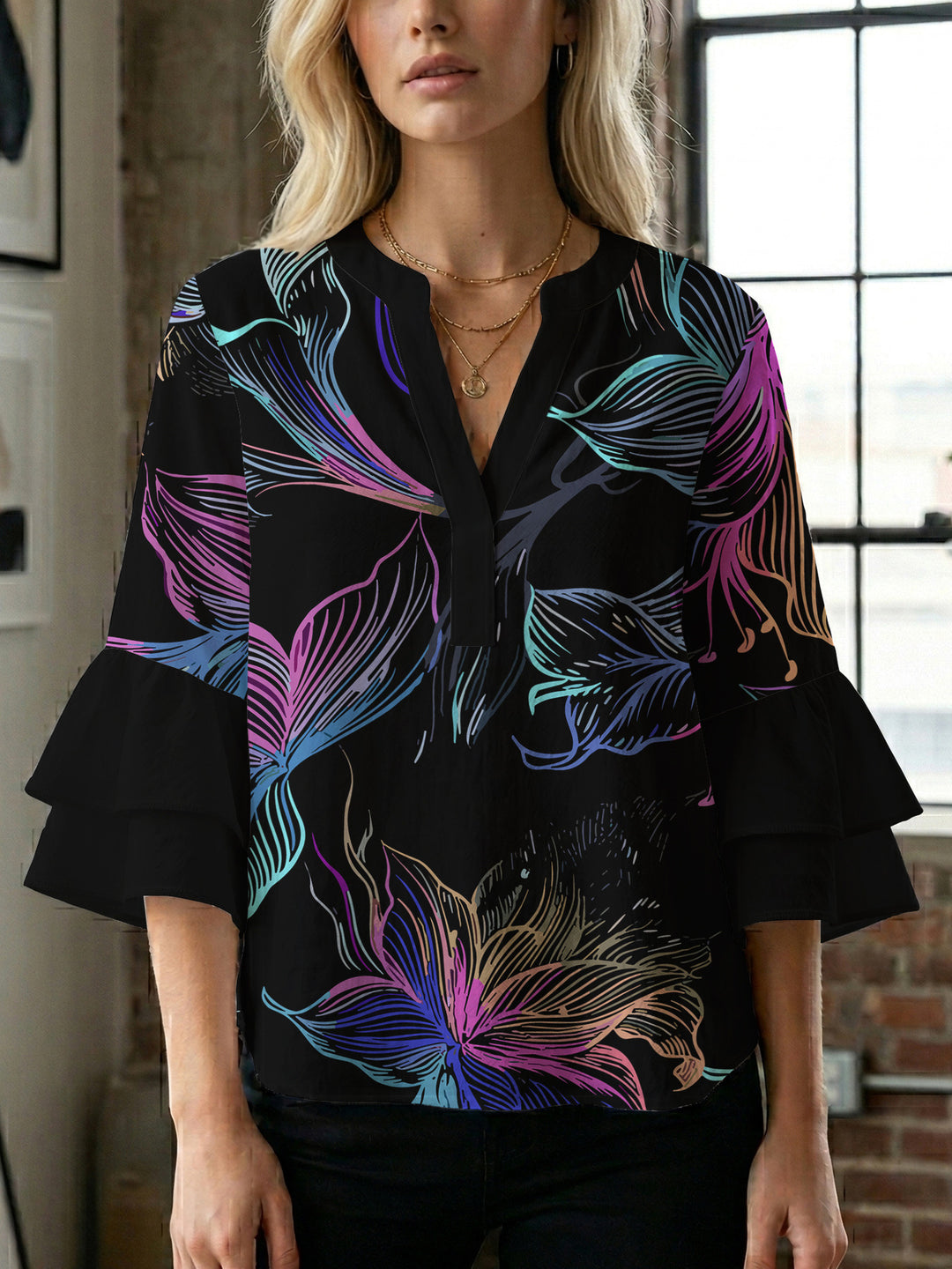 Dame bluse skjorte med voluminøse ermer og blomster mønster Skjora