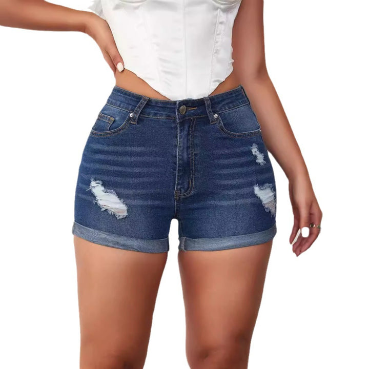Kvinne ødelagte jeans shorts med høy midjebånd og casual snitt Skjora