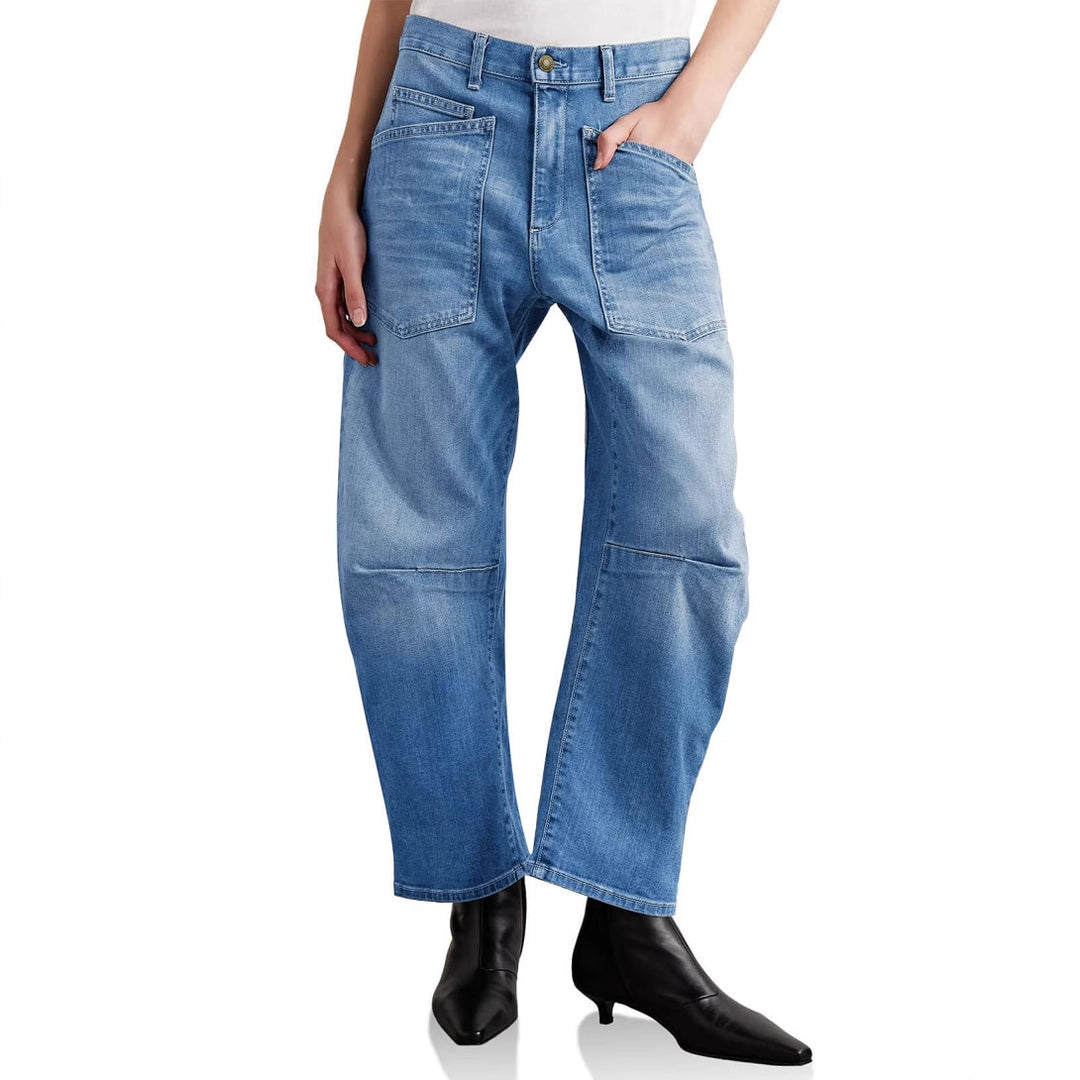 Dame halvhøy denim-bukse med unike påsydde lommer Skjora