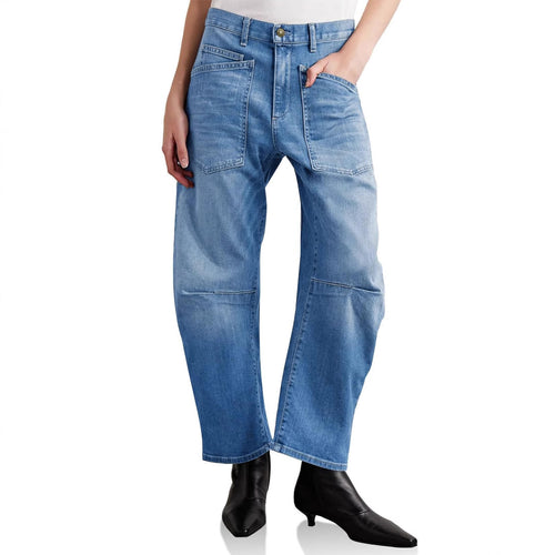 Dame halvhøy denim-bukse med unike påsydde lommer Skjora