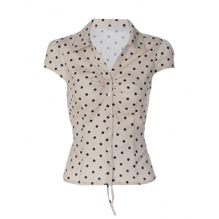 Dame Polka Dot Bluse med innsnevret passform og volangdetalj Skjora