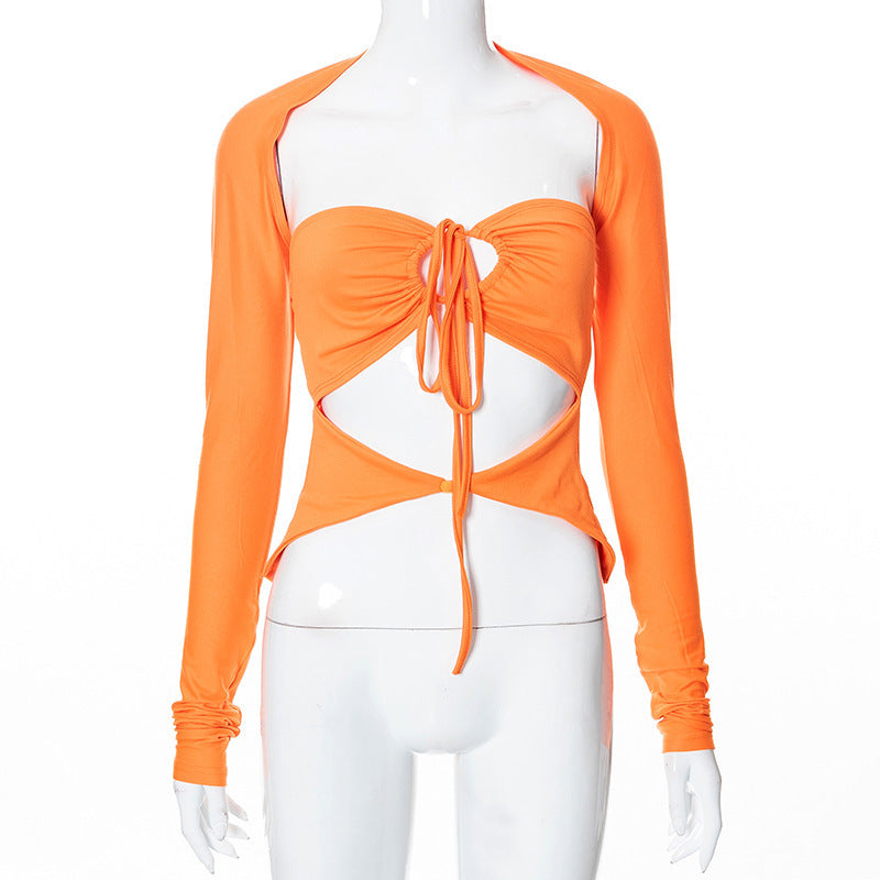 Dame langermet tanktop med kreativ cut-out og elegant innpakningsdesign Skjora