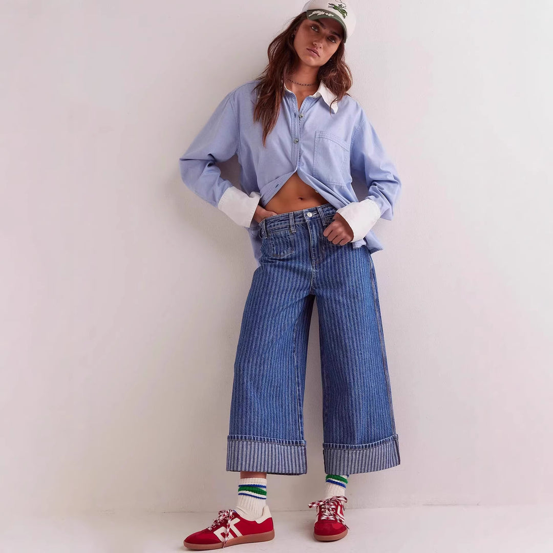 Damer Elegante vidt skårne jeans med påsydd striper Skjora