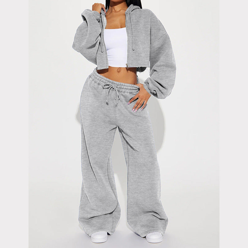 Women's Cropped Hoodie og Wide Jogging Bukser Sett Skjora