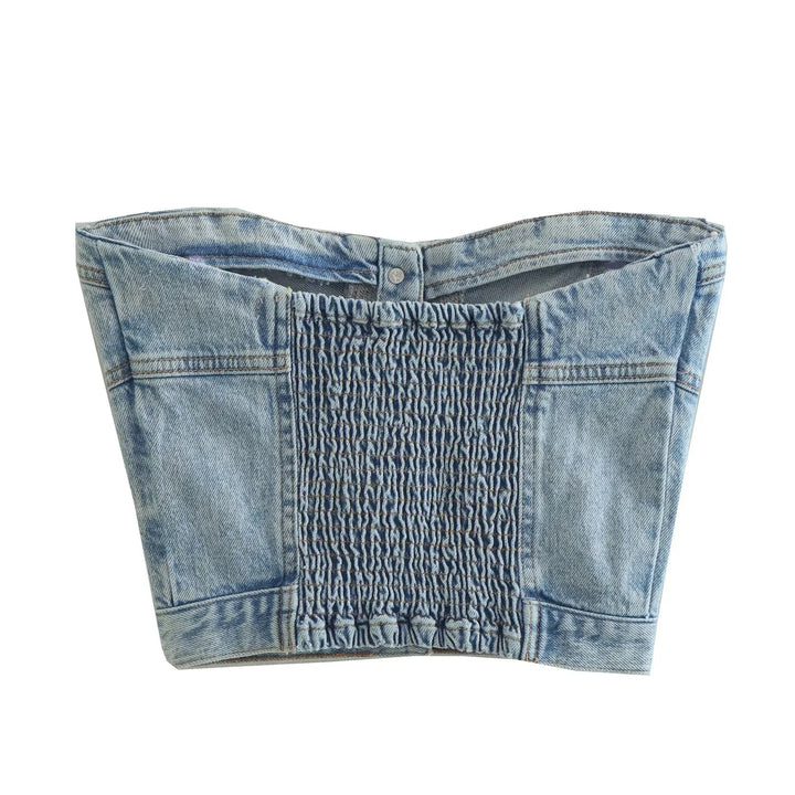 Dame Denim Crop Top med strikket overtrukket Skjora