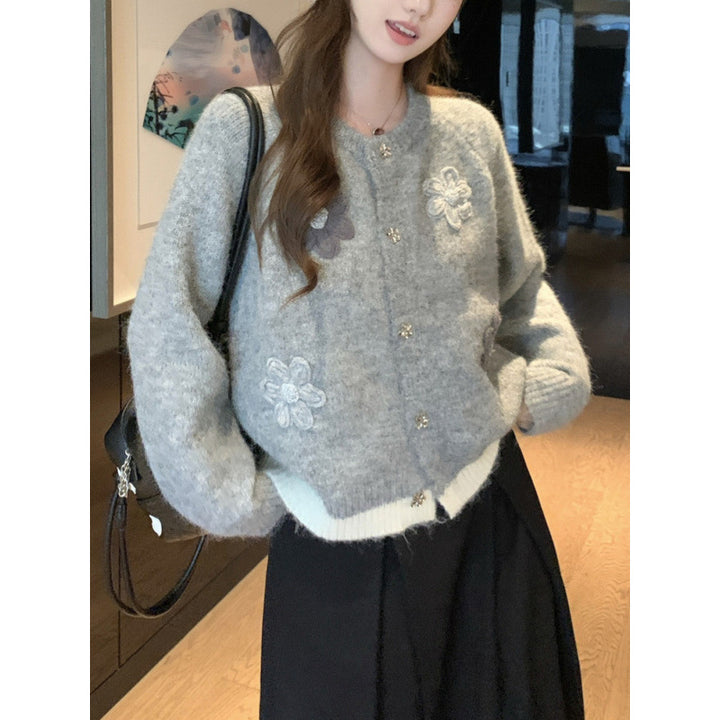 Damer Cozy Cardigan med Blomst Applikasjoner Skjora